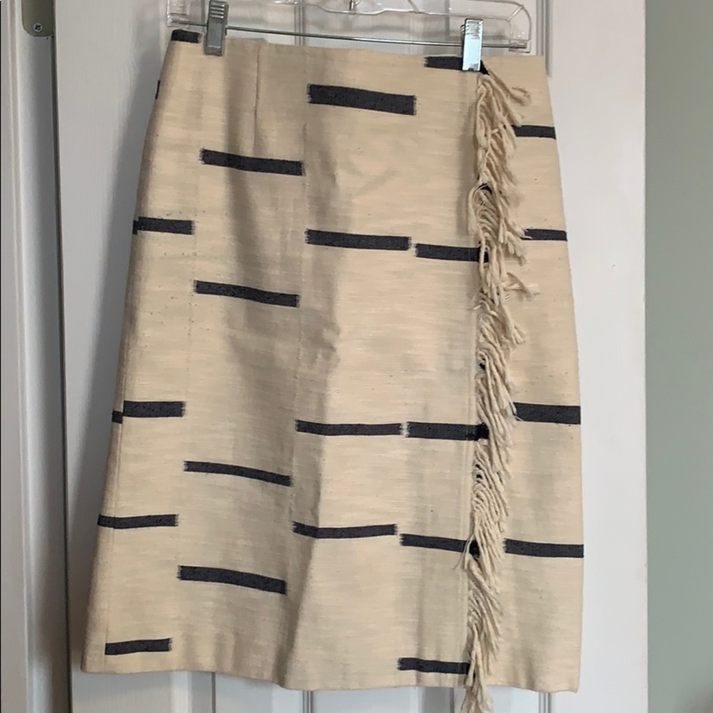 Tory Burch Cream and Navy Pencil Skirt with Fringe